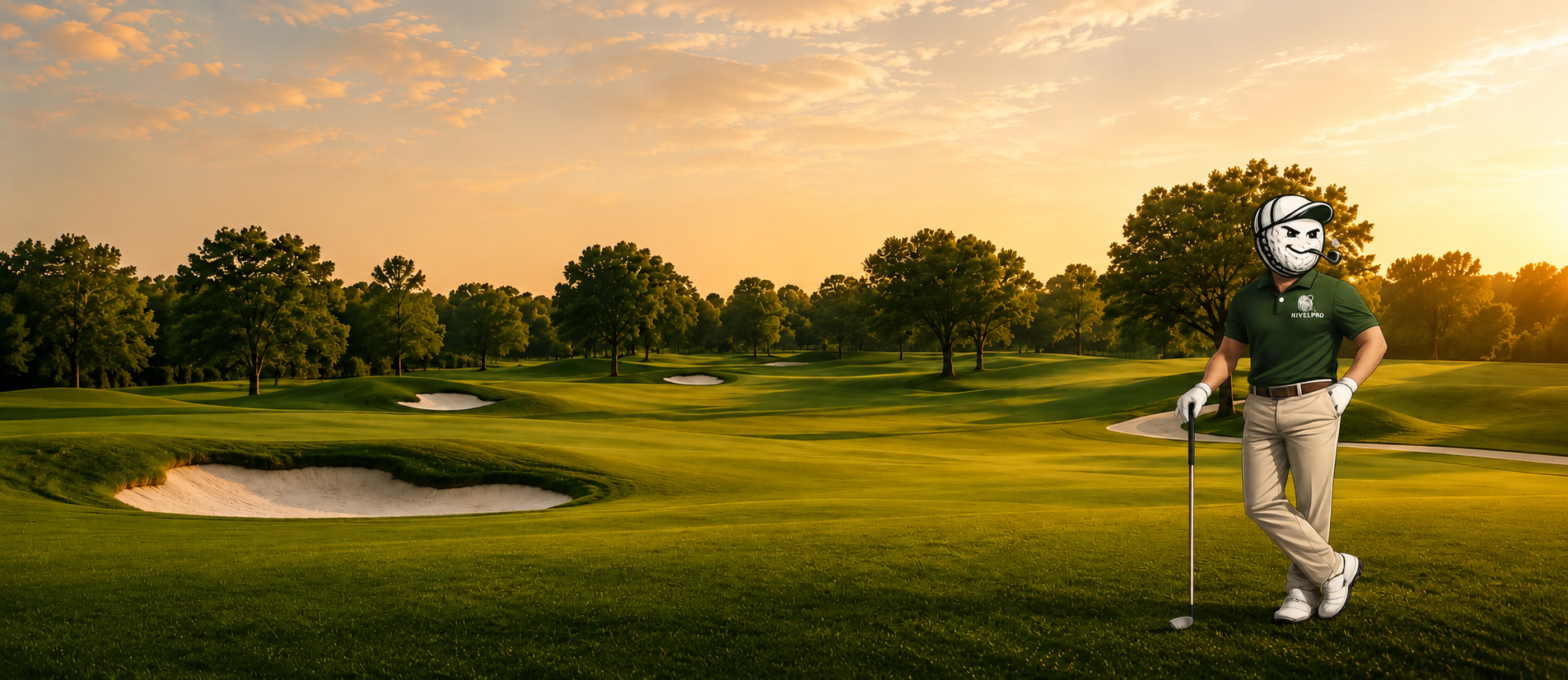 Campo de golf al atardecer con la mascota de Nivel Pro apoyada en un putter
